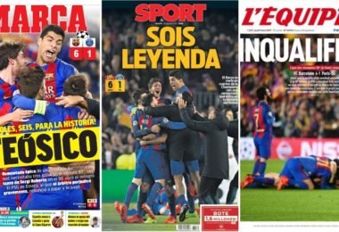 barça1 1 380x260 - Capas de Jornais pelo Mundo sobre o 6 a 1 do Barça sobre o PSG